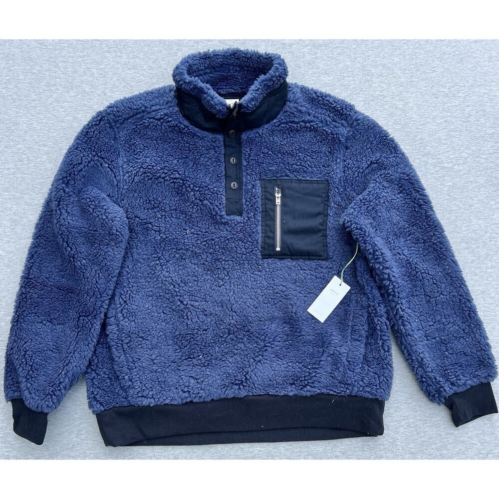 American Eagle Relaxed Sherpa Fleece Henley 1/4 Button Sweatshirt Blue Medium Sz